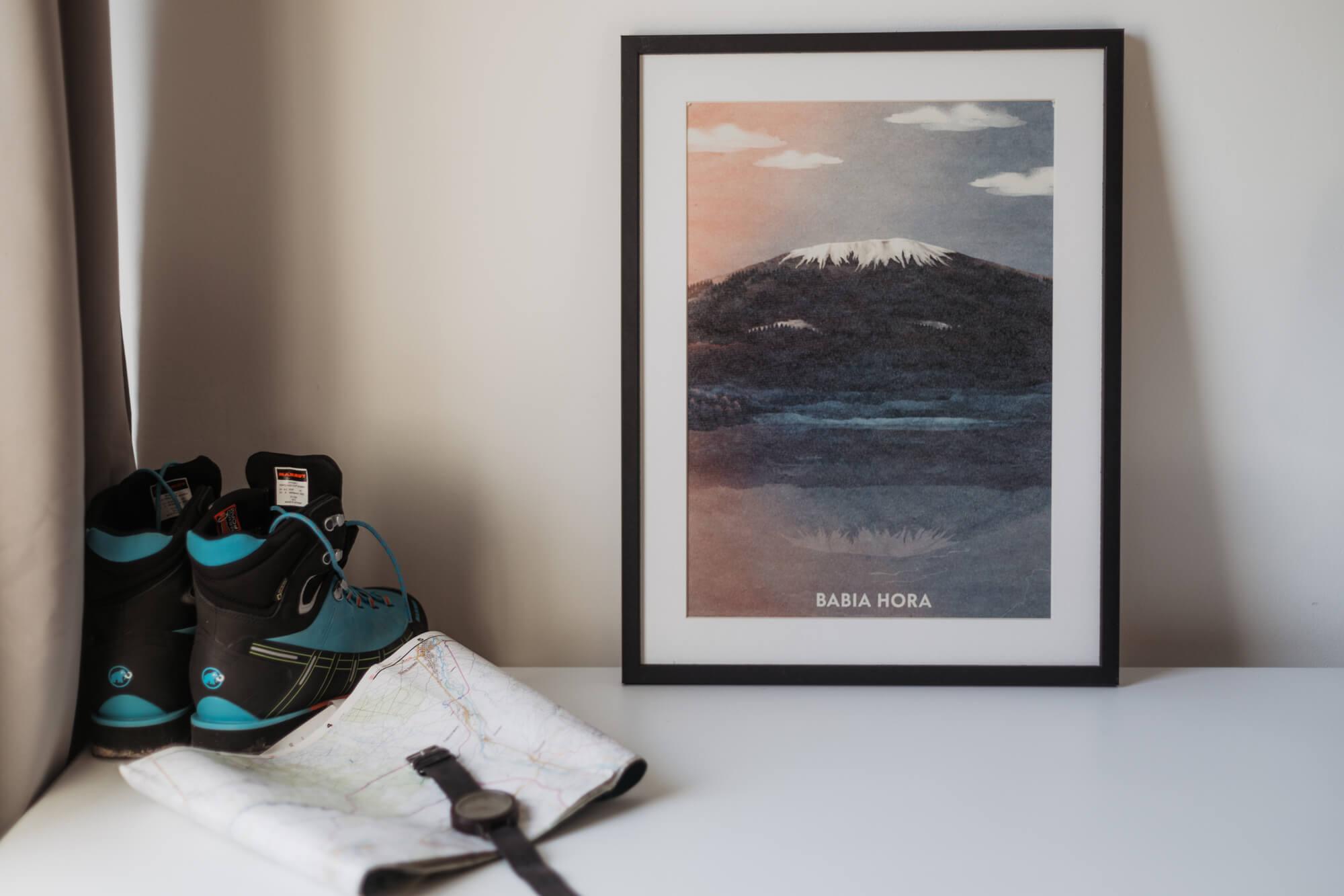 Poustr: Babia hora, poctivý slovenský plagát, Orava, Oravská priehrada, Babia Góra, Beskydy, Námestovo